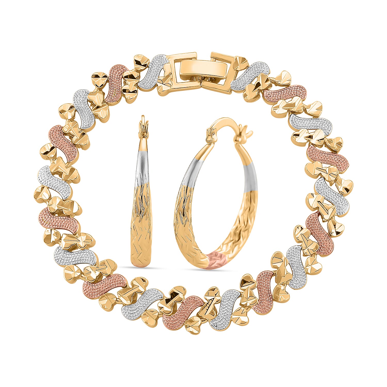 2 Piece Set - Bracelet (Size 7) & J Hoop Half Hoop Earring with Clasp in Tri Colour Tone