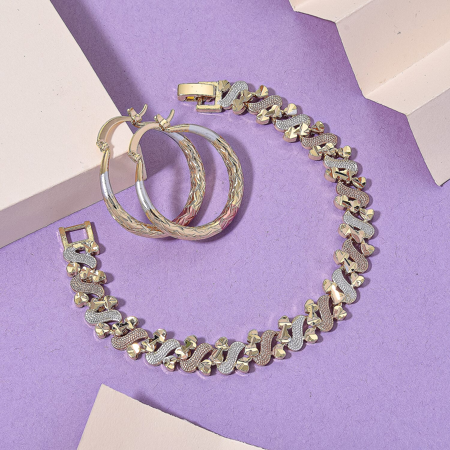 2 Piece Set - Bracelet (Size 7) & J Hoop Half Hoop Earring with Clasp in Tri Colour Tone