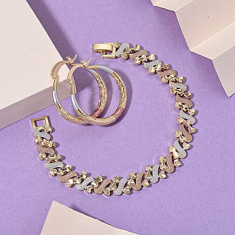 2 Piece Set - Bracelet (Size 7) & Hoop Earrings with Clasp in Tri Colour Tone