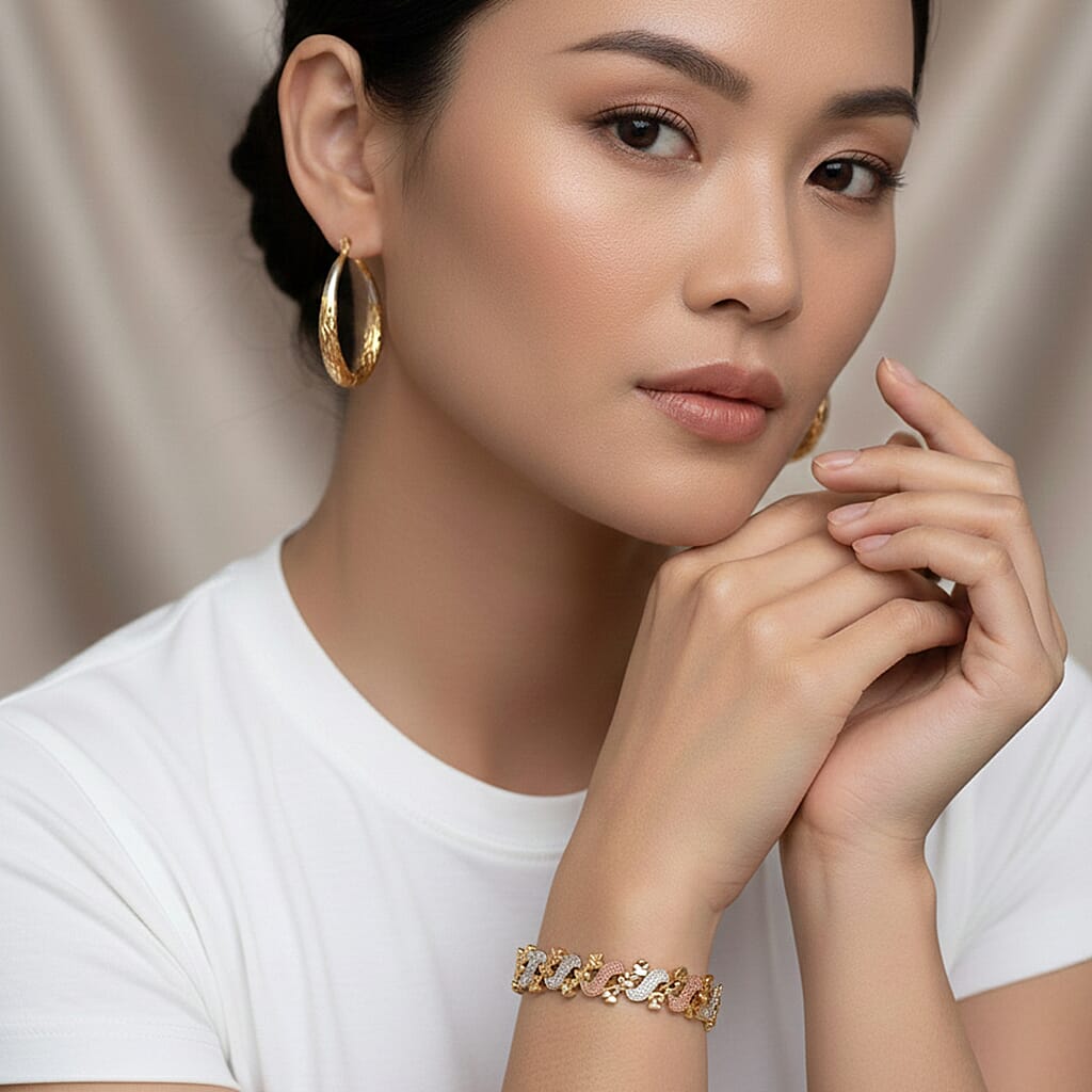 2 Piece Set - Bracelet (Size 7) & J Hoop Half Hoop Earring with Clasp in Tri Colour Tone