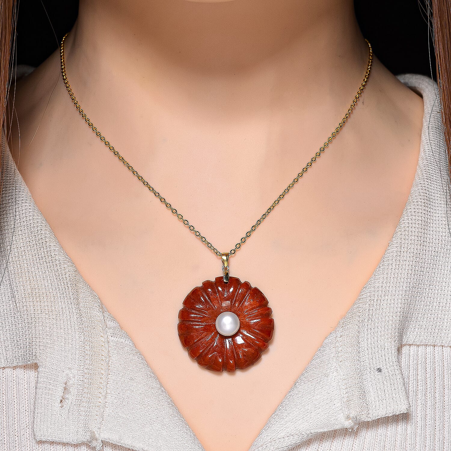 Enhanced Red Jade and White Fresh Water Pearl Pendant with Chain (Size 20) in Yellow Gold Plated Sterling Silver 70.00 Ct.