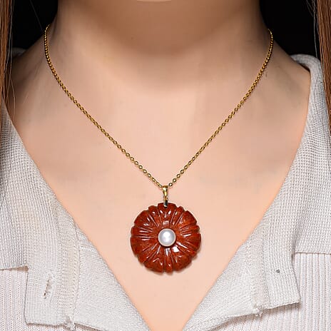 Enhanced Red Jade and White Fresh Water Pearl Pendant with Chain (Size 20) in Yellow Gold Plated Sterling Silver 70.00 Ct.