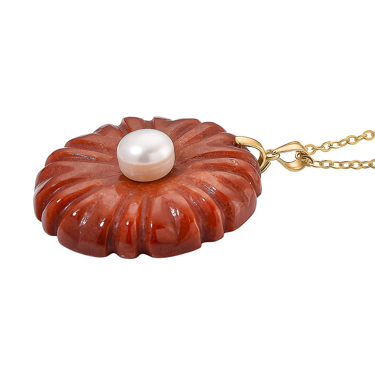 Enhanced Red Jade and White Fresh Water Pearl Pendant with Chain (Size 20) in Yellow Gold Plated Sterling Silver 70.00 Ct.