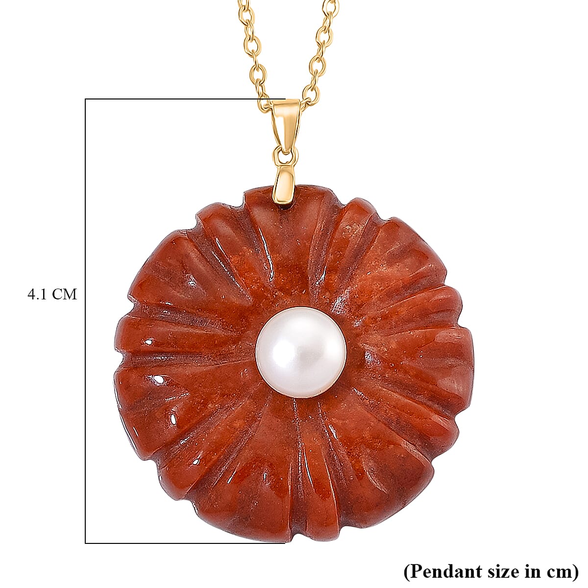 Enhanced Red Jade and White Fresh Water Pearl Pendant with Chain (Size 20) in Yellow Gold Plated Sterling Silver 70.00 Ct.