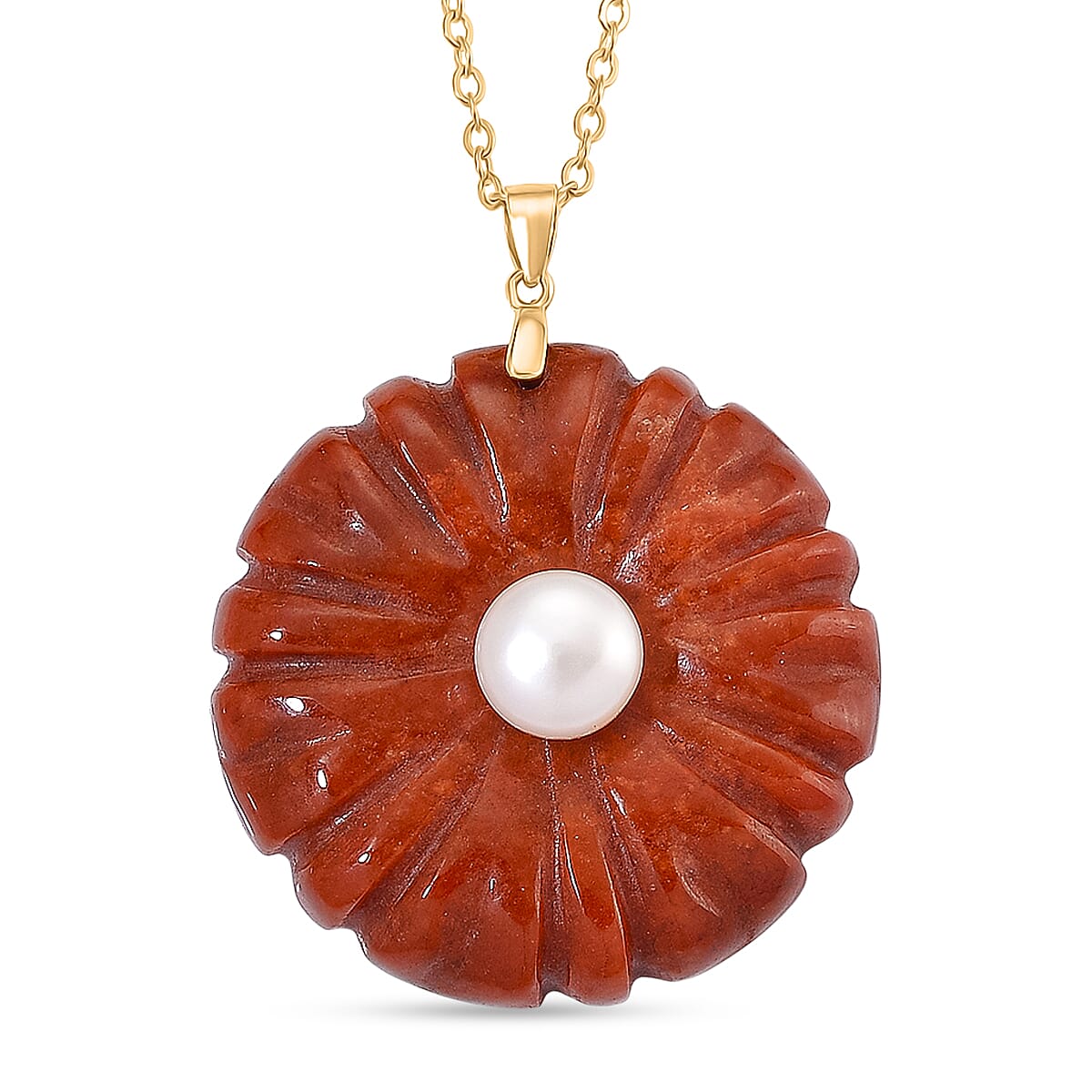 Enhanced Red Jade and White Fresh Water Pearl Pendant with Chain (Size 20) in Yellow Gold Plated Sterling Silver 70.00 Ct.