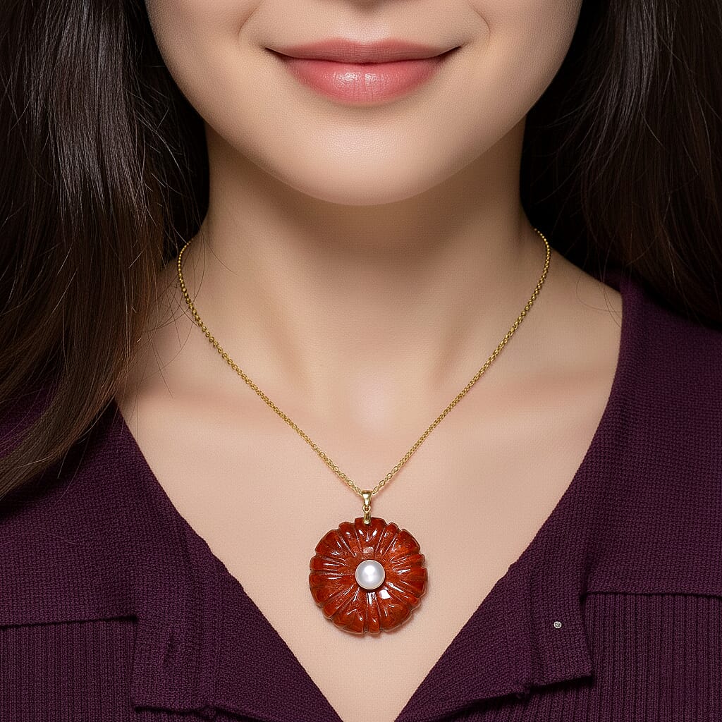 Enhanced Red Jade and White Fresh Water Pearl Pendant with Chain (Size 20) in Yellow Gold Plated Sterling Silver 70.00 Ct.