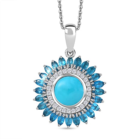 D'Joy Sleeping Beauty Turquoise, Neon Apatite & White Zircon Pendant with Chain (Size 20) in Rhodium Overlay Sterling Silver 4.99 Ct, Silver Wt. 5.73 Gms.