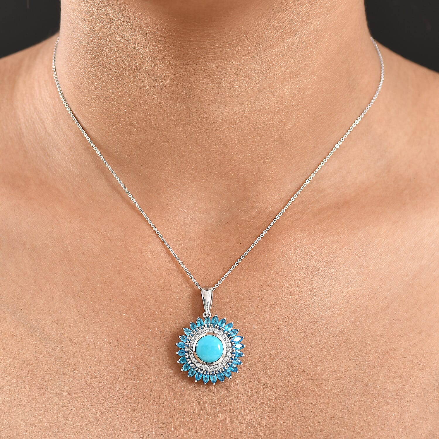 D'Joy Sleeping Beauty Turquoise, Neon Apatite & White Zircon Pendant with Chain (Size 20) in Rhodium Overlay Sterling Silver 4.99 Ct, Silver Wt. 5.73 Gms.