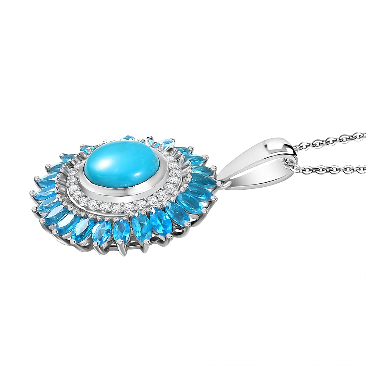 D'Joy Sleeping Beauty Turquoise, Neon Apatite & White Zircon Pendant with Chain (Size 20) in Rhodium Overlay Sterling Silver 4.99 Ct, Silver Wt. 5.73 Gms.