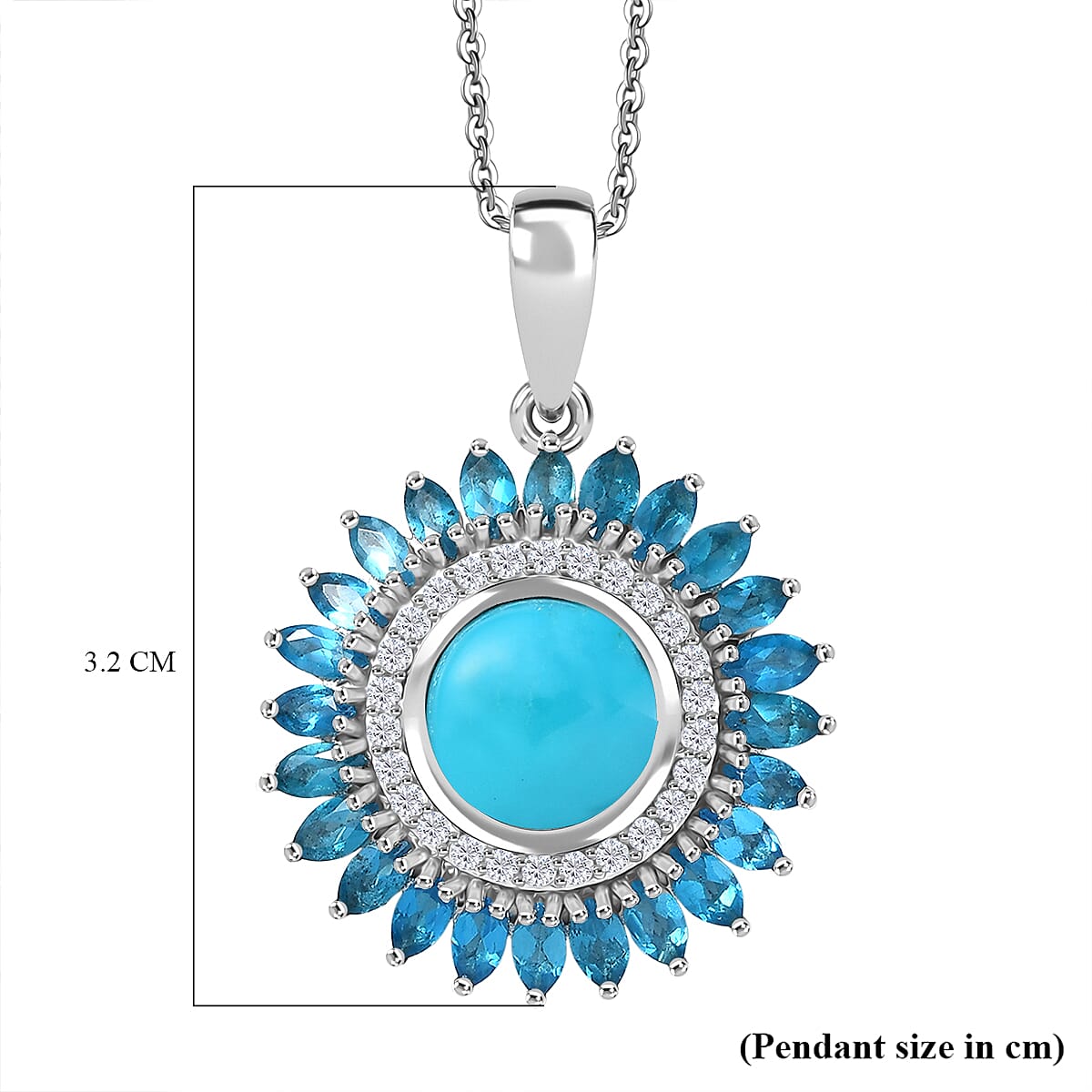 D'Joy Sleeping Beauty Turquoise, Neon Apatite & White Zircon Pendant with Chain (Size 20) in Rhodium Overlay Sterling Silver 4.99 Ct, Silver Wt. 5.73 Gms.