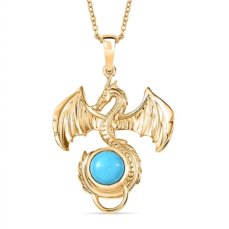 D'Joy Sleeping Beauty Turquoise Dragon Pendant with Chain (Size 20) in 18K Yellow Gold Plating Sterling Silver 1.10 Ct, Silver Wt. 7.31 Gms.