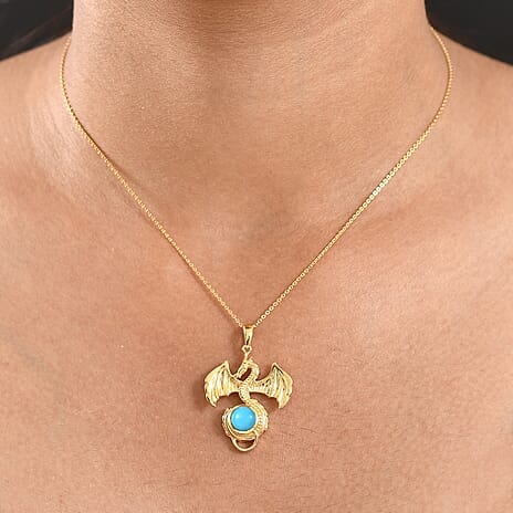 D'Joy Sleeping Beauty Turquoise Dragon Pendant with Chain (Size 20) in 18K Yellow Gold Plating Sterling Silver 1.10 Ct, Silver Wt. 7.31 Gms.
