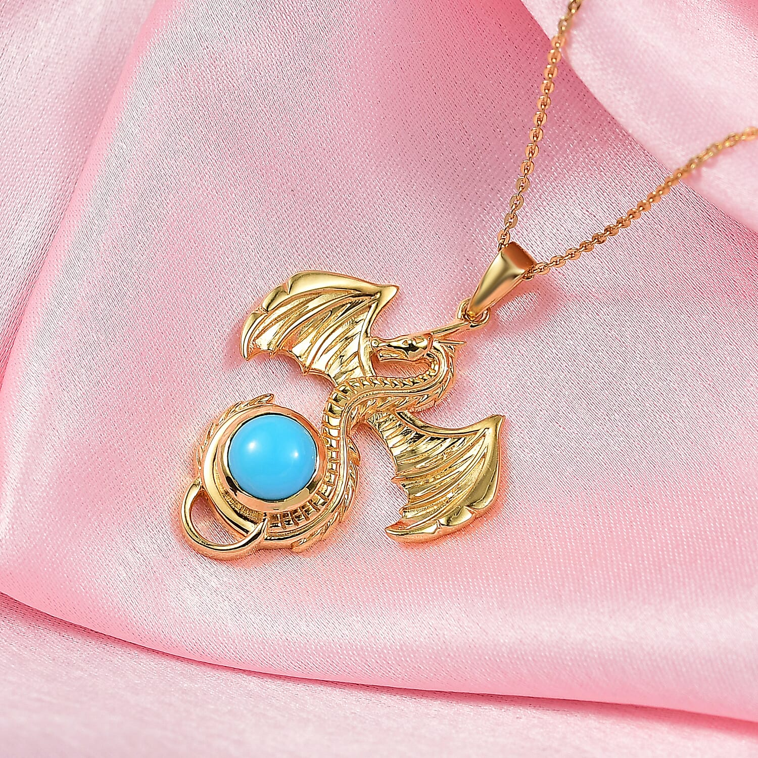 D'Joy Sleeping Beauty Turquoise Dragon Pendant with Chain (Size 20) in 18K Yellow Gold Plating Sterling Silver 1.10 Ct, Silver Wt. 7.31 Gms.