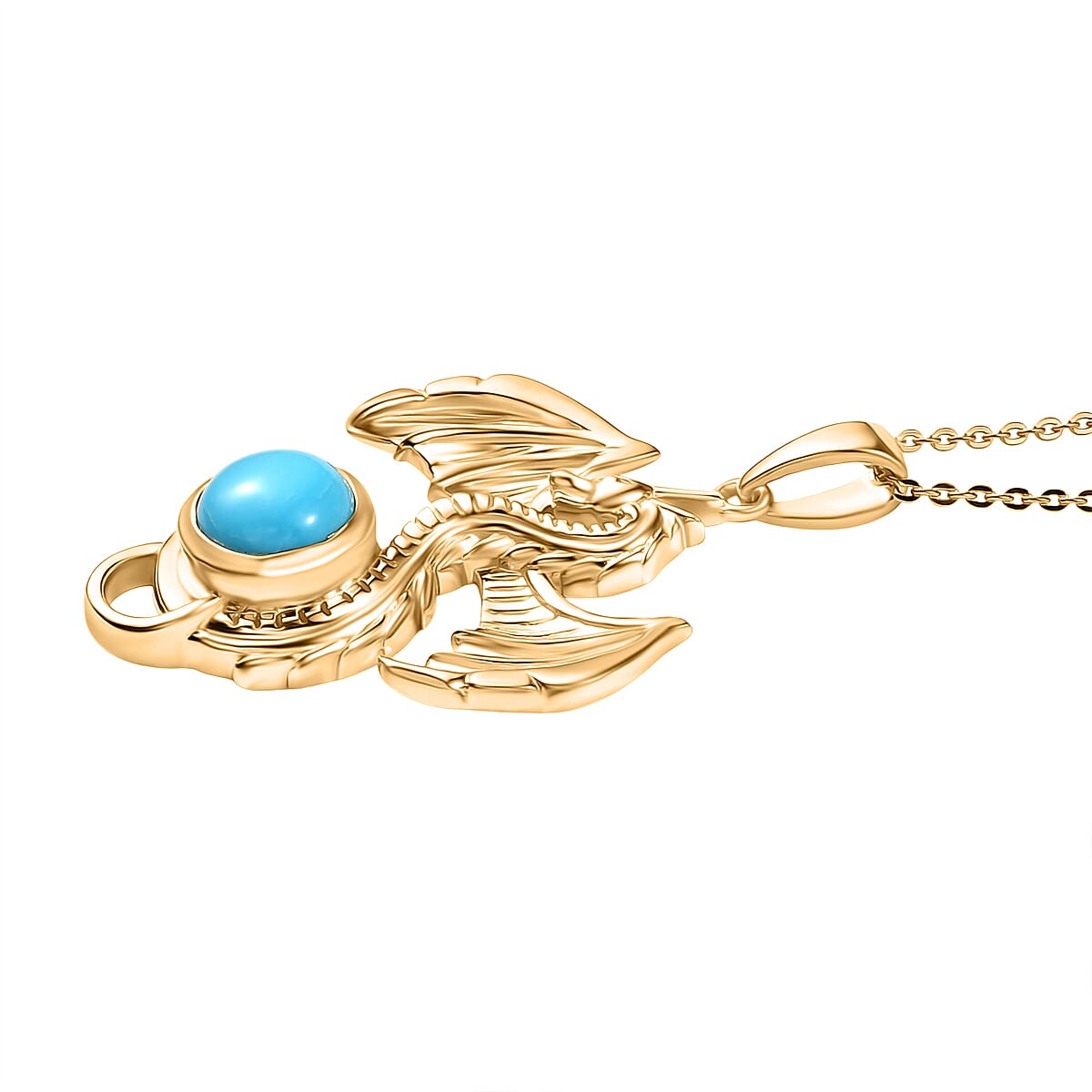 D'Joy Sleeping Beauty Turquoise Dragon Pendant with Chain (Size 20) in 18K Yellow Gold Plating Sterling Silver 1.10 Ct, Silver Wt. 7.31 Gms.