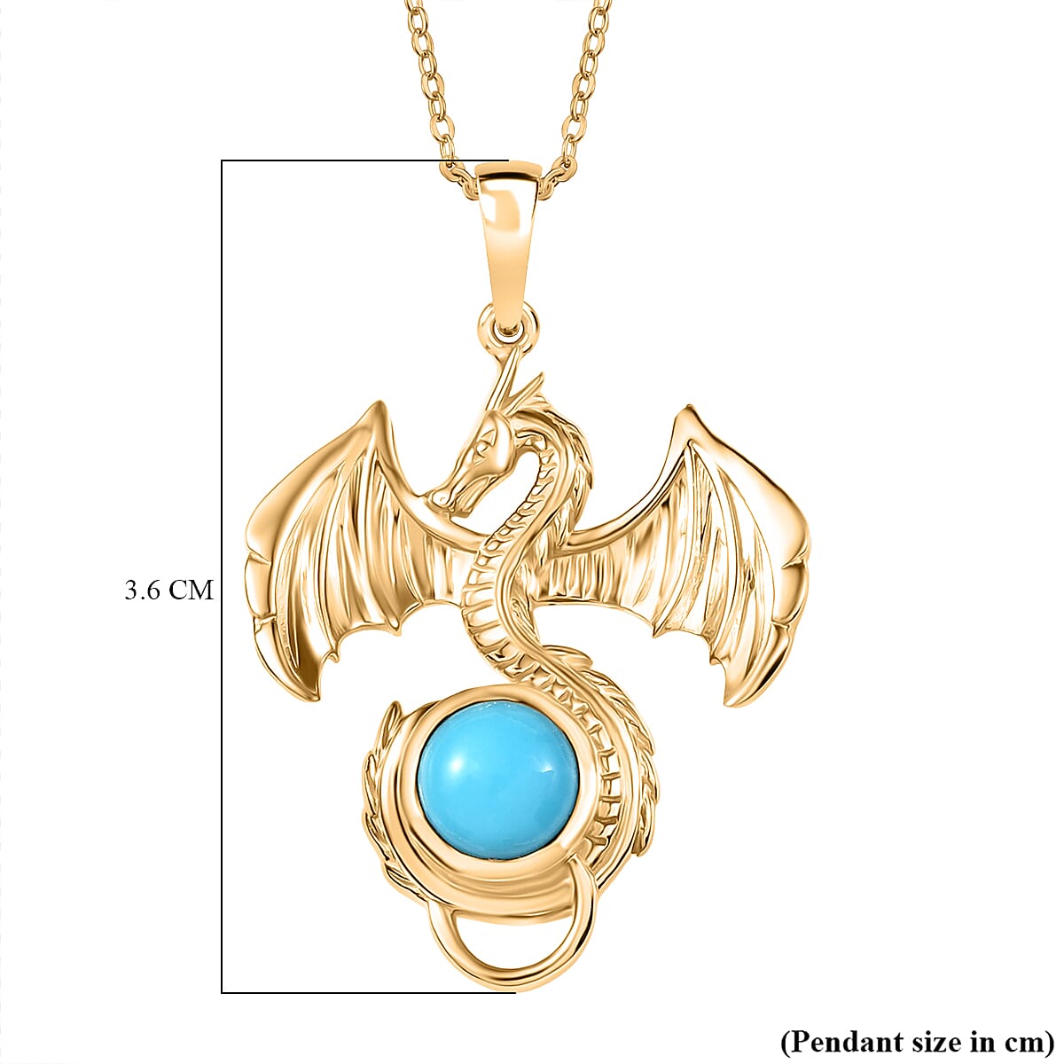 D'Joy Sleeping Beauty Turquoise Dragon Pendant with Chain (Size 20) in 18K Yellow Gold Plating Sterling Silver 1.10 Ct, Silver Wt. 7.31 Gms.