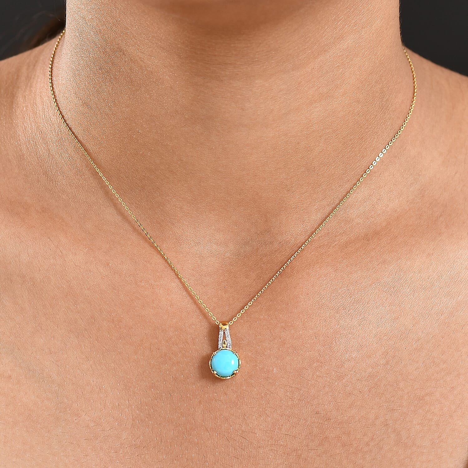 D'Joy Sleeping Beauty Turquoise & White Zircon Pendant with Chain (Size 20) in 18K Yellow Gold Plating Sterling Silver 1.28 Ct.