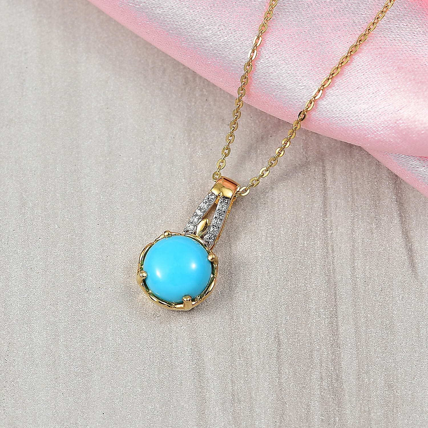 D'Joy Sleeping Beauty Turquoise & White Zircon Pendant with Chain (Size 20) in 18K Yellow Gold Plating Sterling Silver 1.28 Ct.