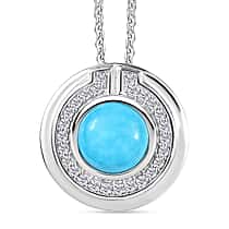 D'Joy Sleeping Beauty Turquoise & White Zircon Pendant with Chain (Size 20) in Platinum Overlay Sterling Silver 1.53 Ct.