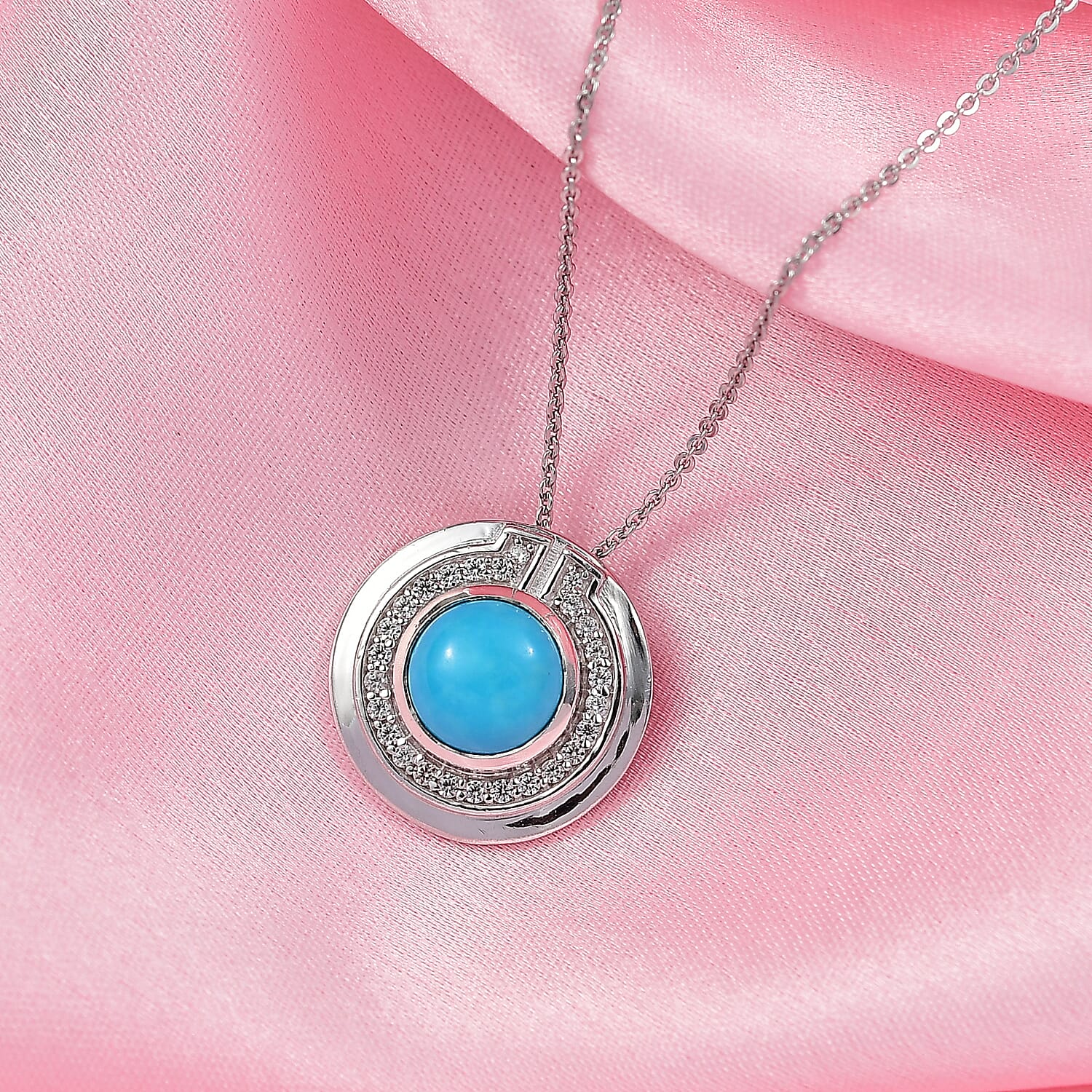 D'Joy Sleeping Beauty Turquoise & White Zircon Pendant with Chain (Size 20) in Platinum Overlay Sterling Silver 1.53 Ct.