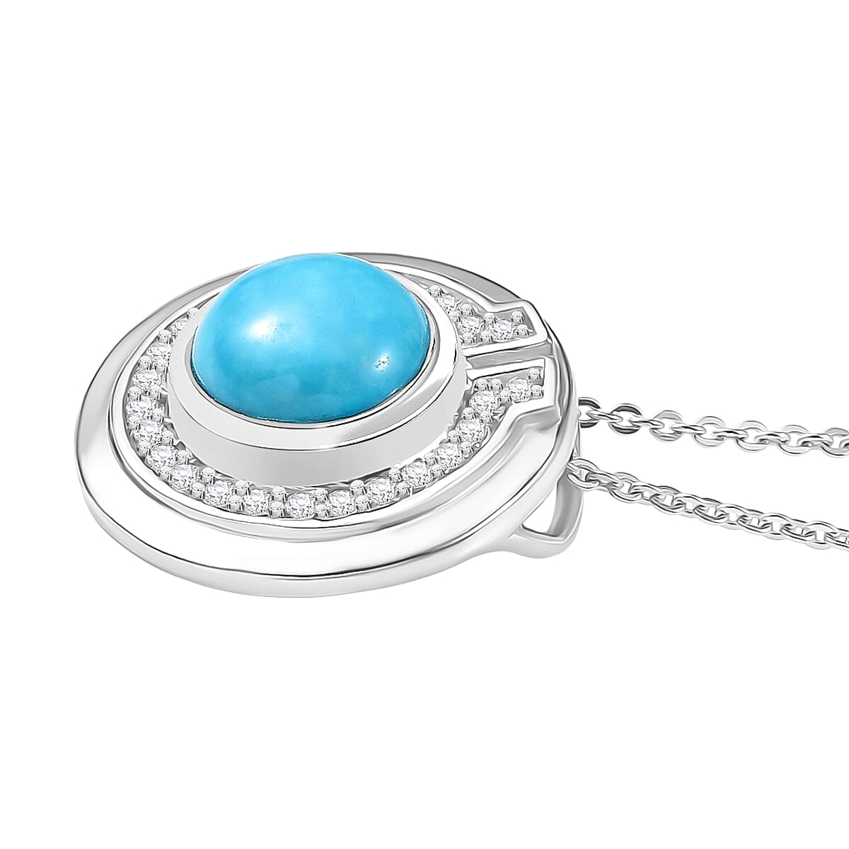 D'Joy Sleeping Beauty Turquoise & White Zircon Pendant with Chain (Size 20) in Platinum Overlay Sterling Silver 1.53 Ct.