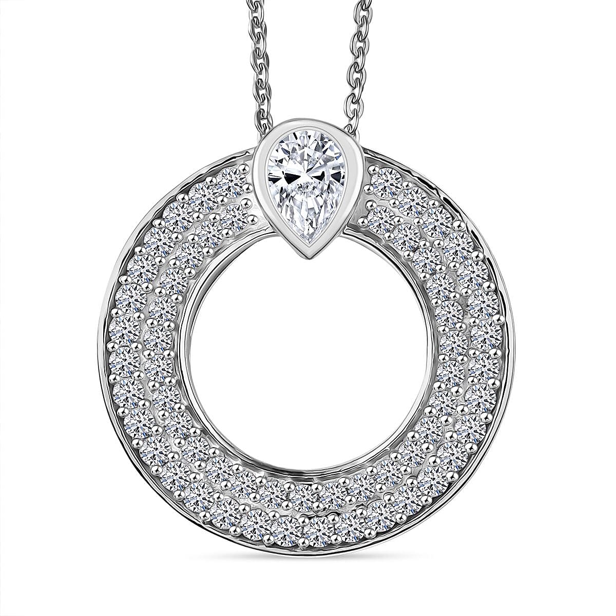 Luxuriant Lab Grown Diamond Circle Pendant with Chain (Size - 20) in Rhodium Overlay Sterling Silver 1.00 Ct.