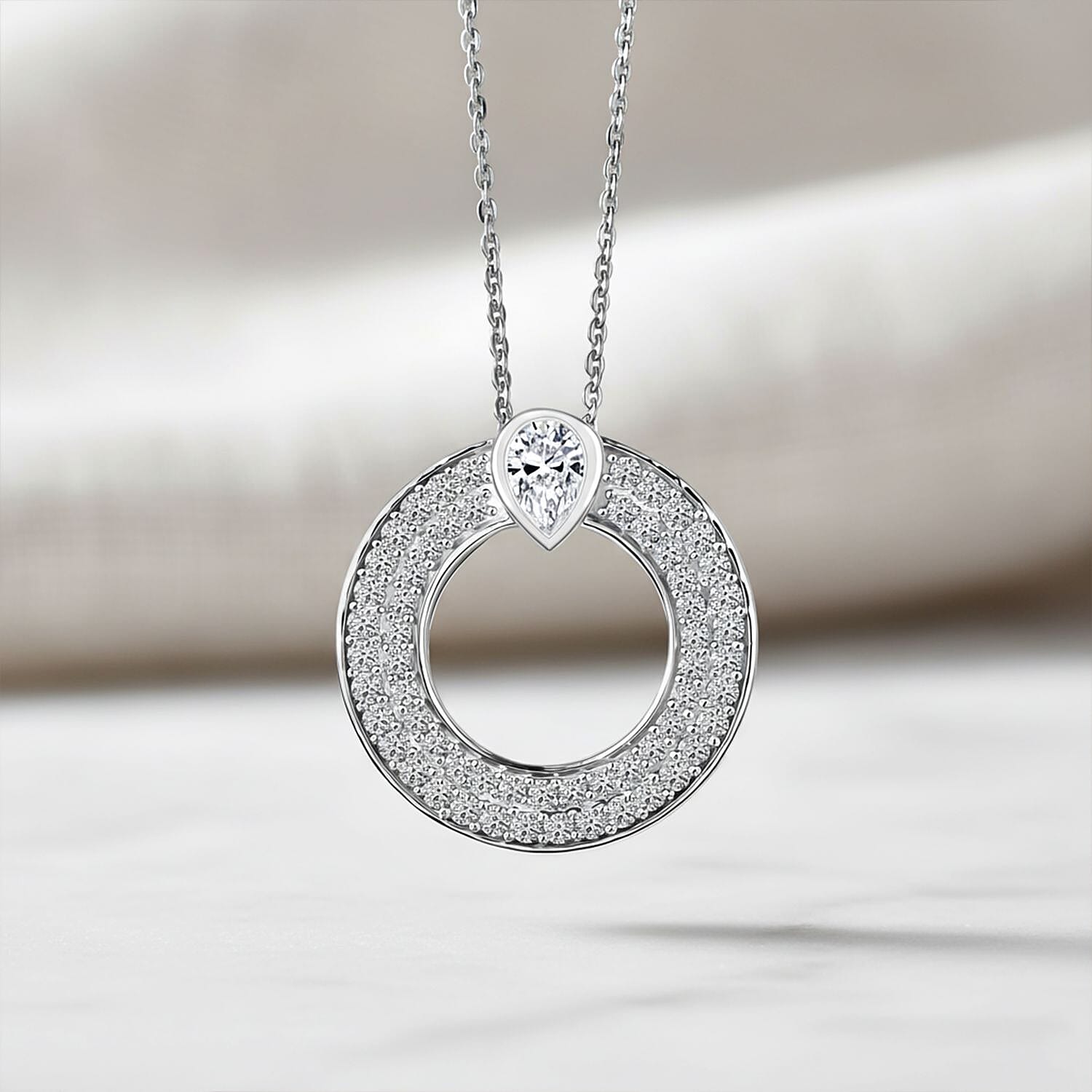 Luxuriant Lab Grown Diamond Circle Pendant with Chain (Size - 20) in Rhodium Overlay Sterling Silver 1.00 Ct.