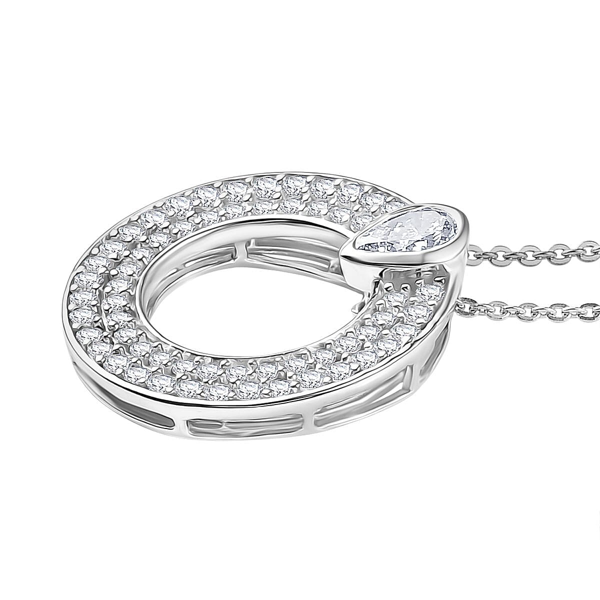 Luxuriant Lab Grown Diamond Circle Pendant with Chain (Size - 20) in Rhodium Overlay Sterling Silver 1.00 Ct.