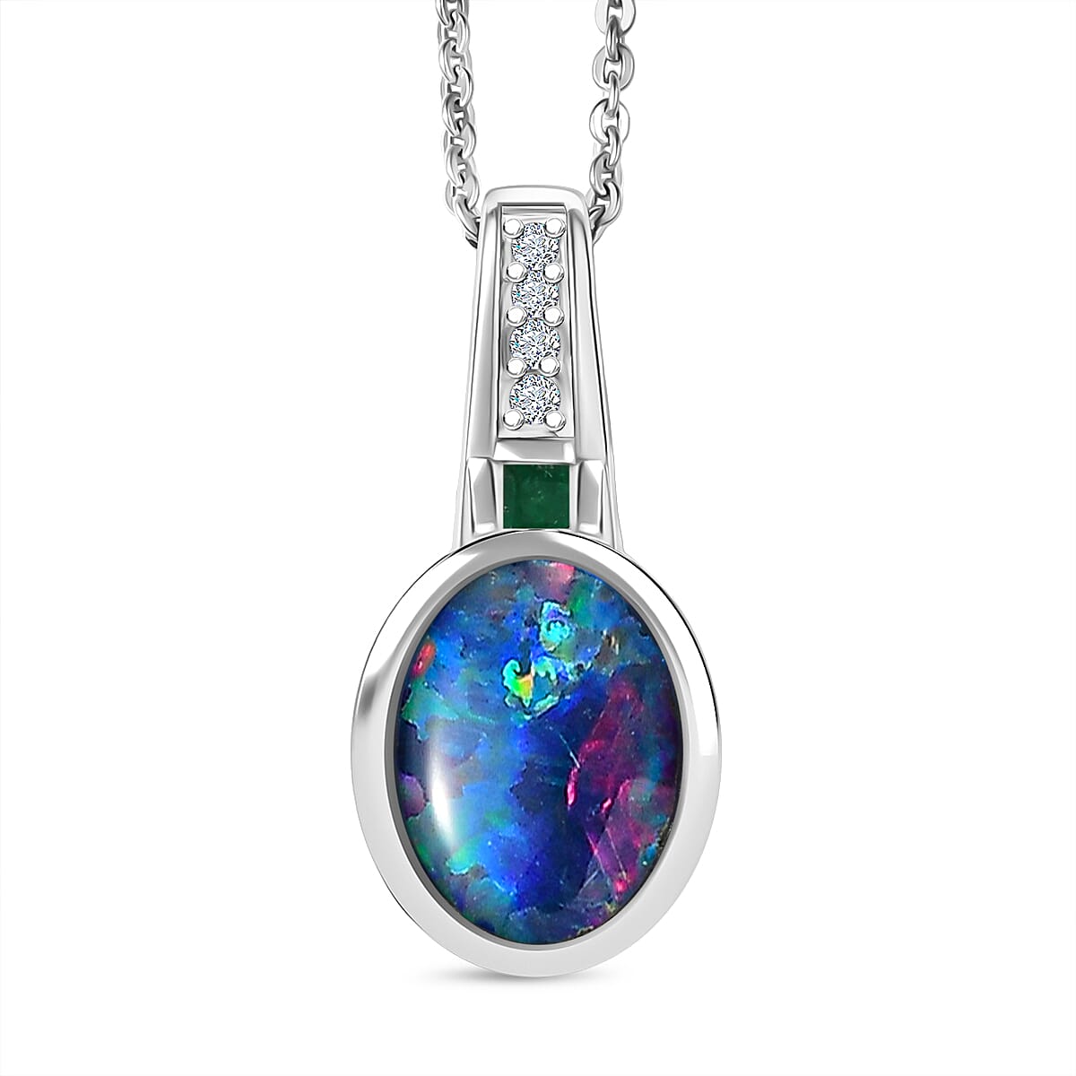 D'Joy Boulder Opal Triplet, Emerald &  White Zircon Pendant with Chain (Size - 20) in Rhodium Overlay Sterling Silver 1.56 Ct.