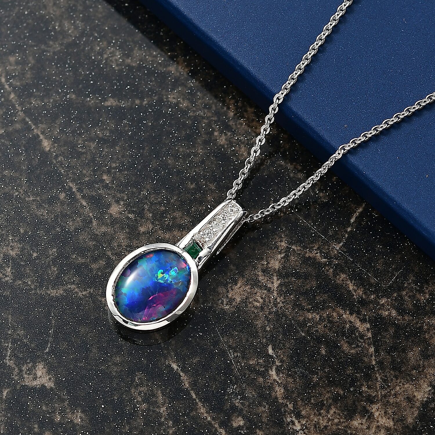 D'Joy Boulder Opal Triplet, Emerald &  White Zircon Pendant with Chain (Size - 20) in Rhodium Overlay Sterling Silver 1.56 Ct.