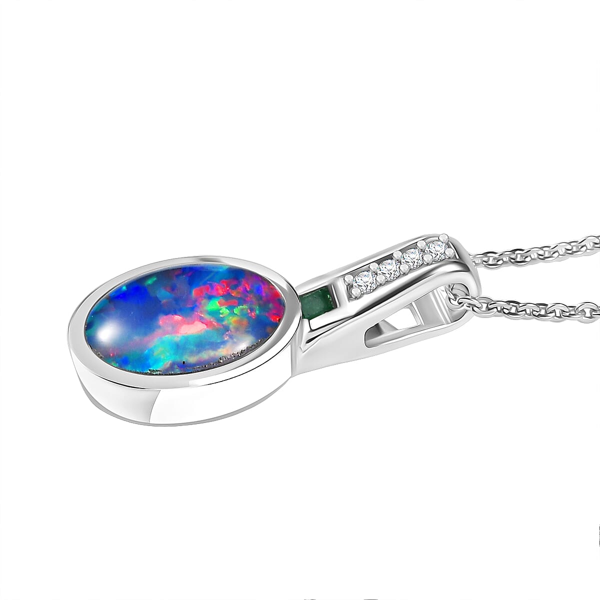D'Joy Boulder Opal Triplet, Emerald &  White Zircon Pendant with Chain (Size - 20) in Rhodium Overlay Sterling Silver 1.56 Ct.
