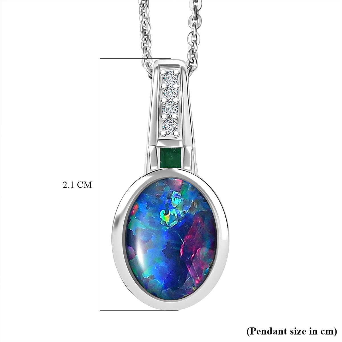 D'Joy Boulder Opal Triplet, Emerald &  White Zircon Pendant with Chain (Size - 20) in Rhodium Overlay Sterling Silver 1.56 Ct.