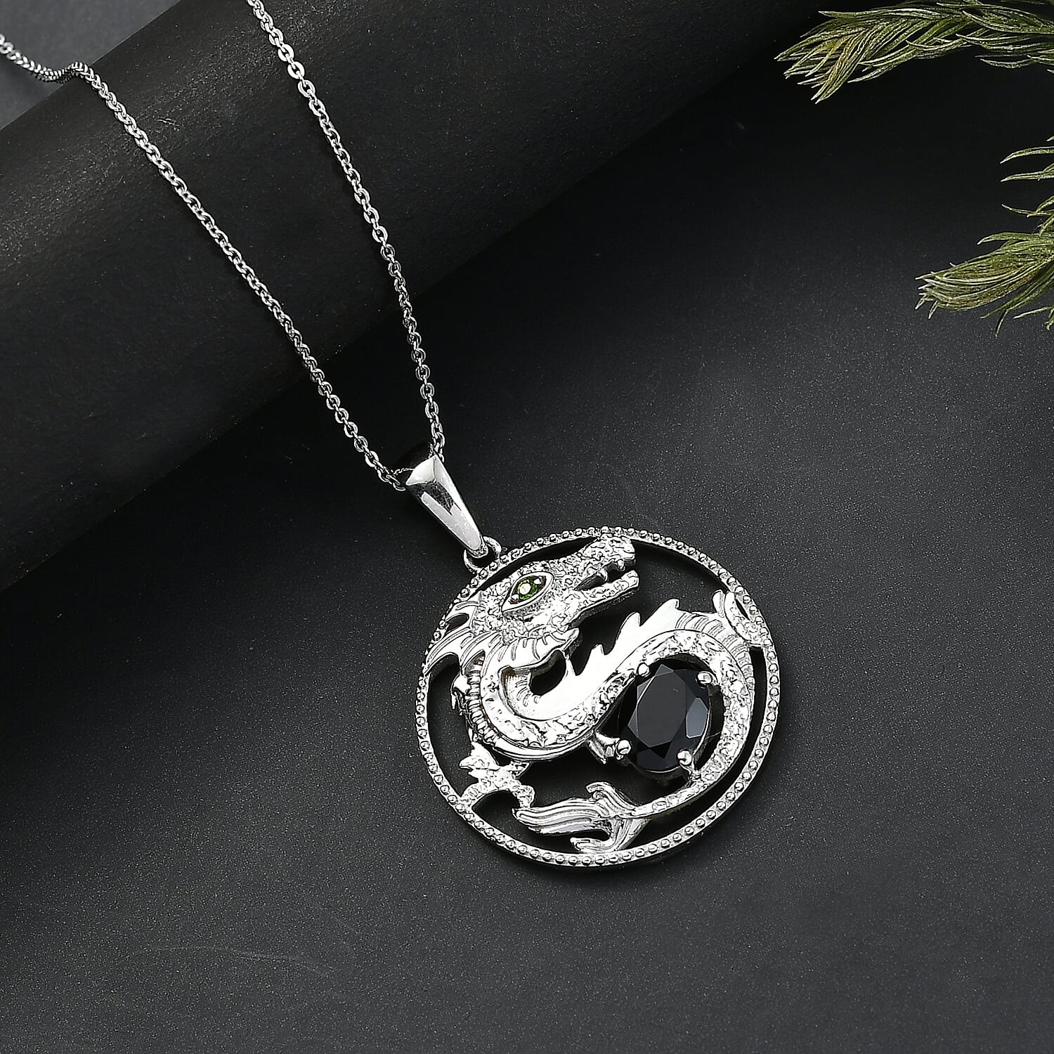 D'Joy Natural Thai Black Spinel & Natural Chrome Diopside Pendant with Chain (Size 20) in Platinum Overlay Sterling Silver 1.60 Ct, Silver Wt. 6.79 Gms.