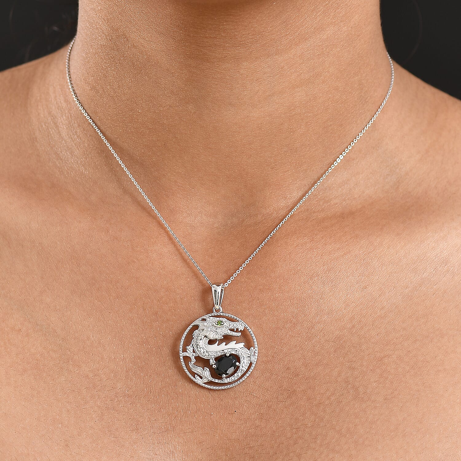 D'Joy Natural Thai Black Spinel & Natural Chrome Diopside Pendant with Chain (Size 20) in Platinum Overlay Sterling Silver 1.60 Ct, Silver Wt. 6.79 Gms.