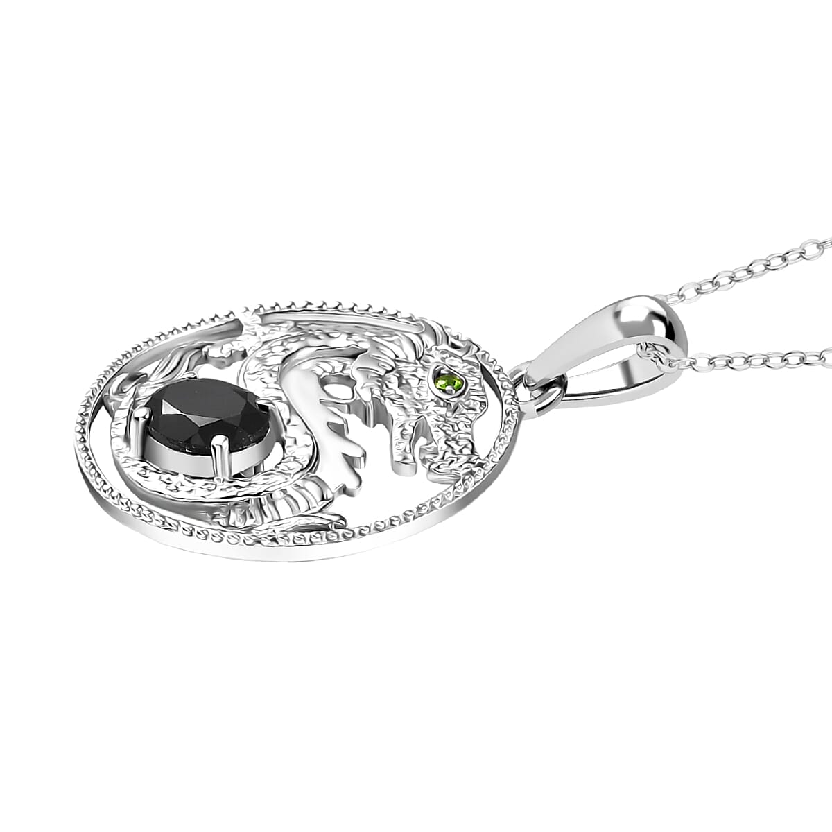 D'Joy Natural Thai Black Spinel & Natural Chrome Diopside Pendant with Chain (Size 20) in Platinum Overlay Sterling Silver 1.60 Ct, Silver Wt. 6.79 Gms.