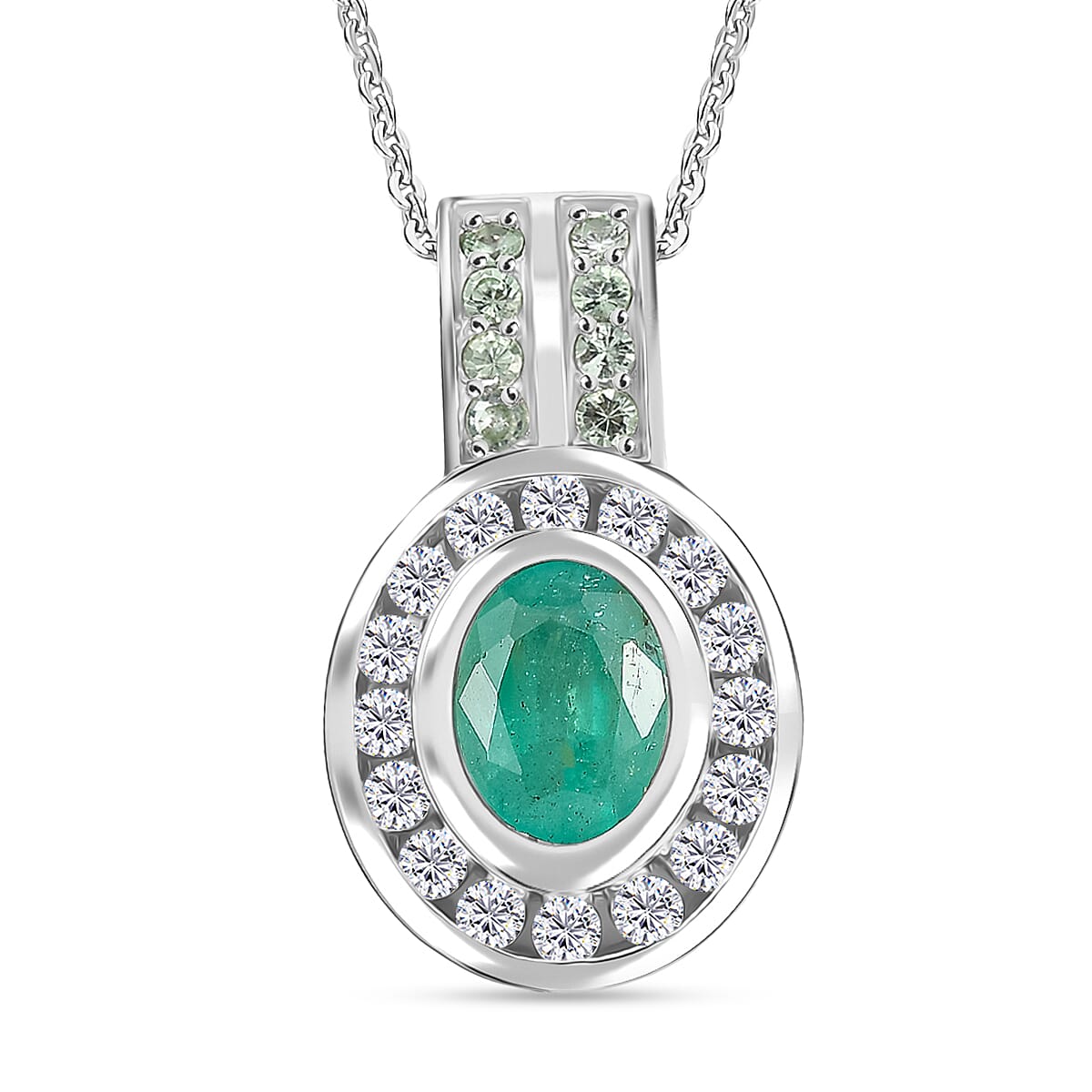 D'Joy Emerald, Moissanite & Tsavorite Garnet Pendant with Chain (Size 20) in Rhodium Overlay Sterling Silver 1.80 Ct.