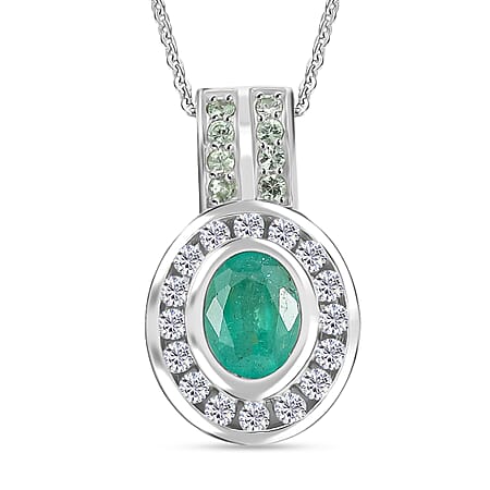D'Joy Emerald, Moissanite and Tsavorite Garnet Halo Pendant with Chain (Size 20) in Rhodium Overlay Sterling Silver 1.80 Ct.