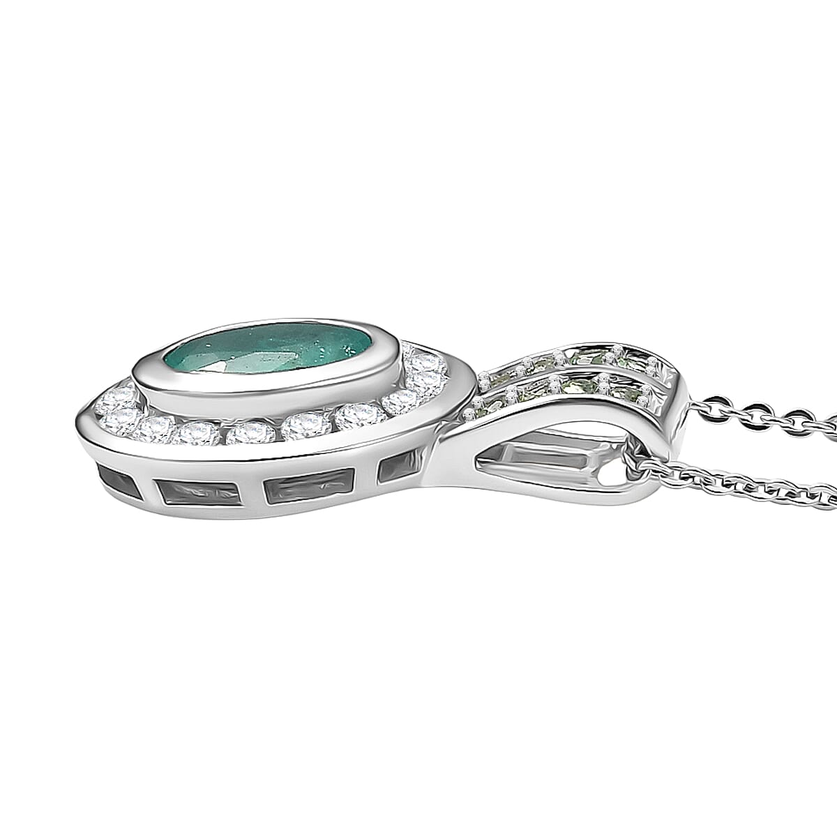 D'Joy Emerald, Moissanite & Tsavorite Garnet Pendant with Chain (Size 20) in Rhodium Overlay Sterling Silver 1.80 Ct.