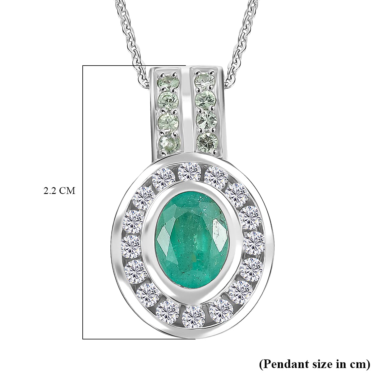 D'Joy Emerald, Moissanite & Tsavorite Garnet Pendant with Chain (Size 20) in Rhodium Overlay Sterling Silver 1.80 Ct.