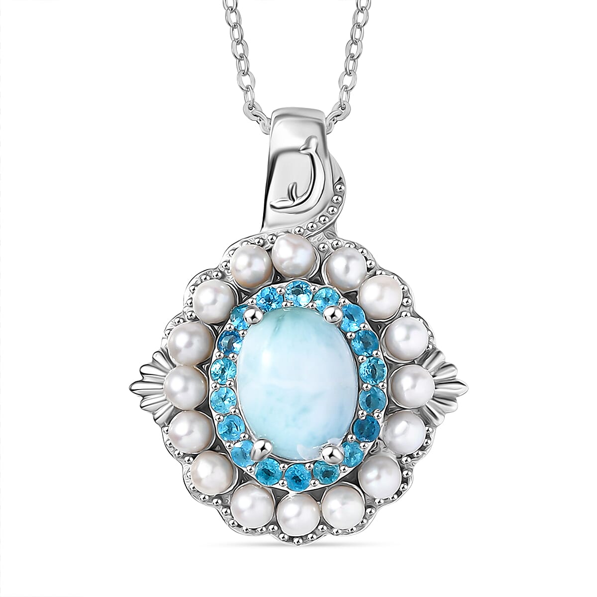 D'Joy Larimar, Fresh Water Pearl & Neon Apatite Pendant with Chain (Size 20) in Rhodium Overlay Sterling Silver 4.20 Ct.