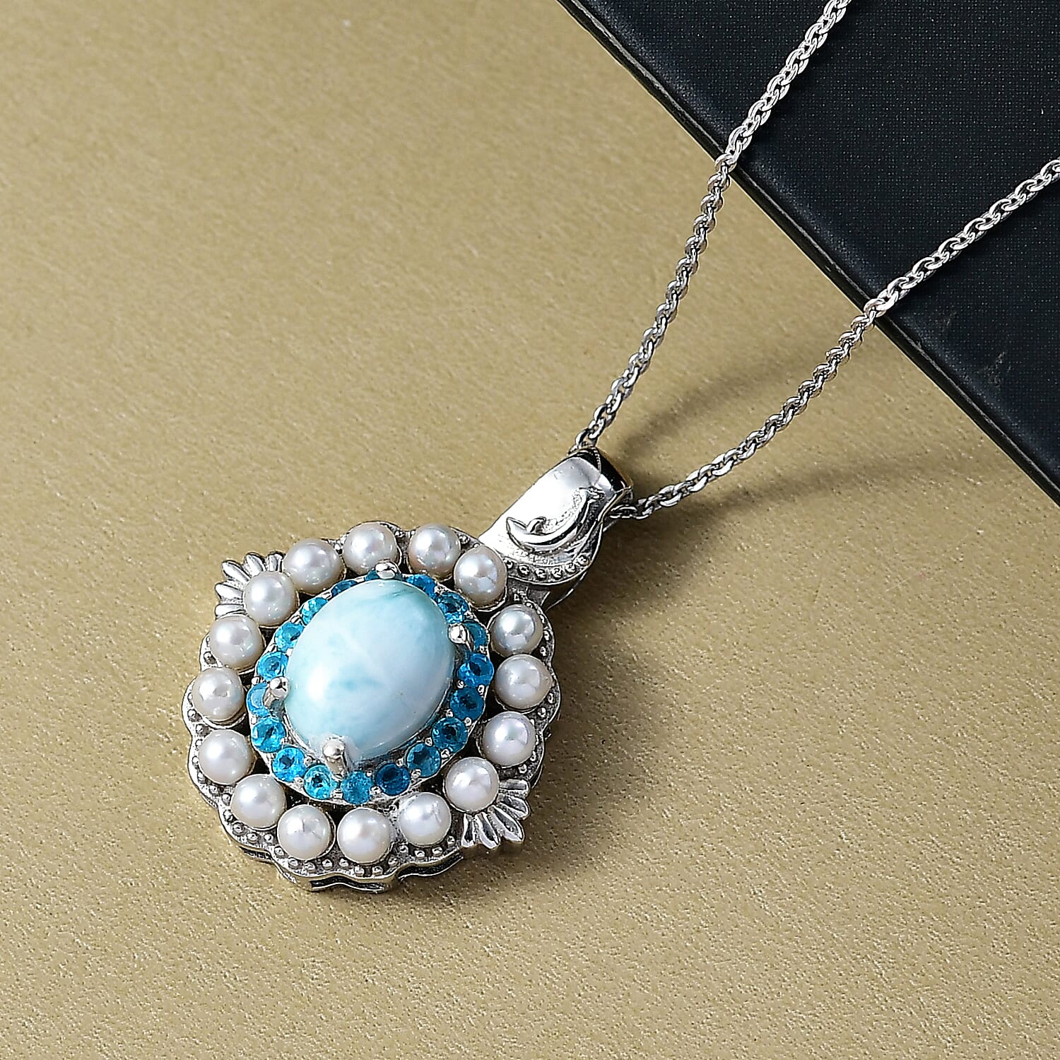 D'Joy Larimar, Fresh Water Pearl & Neon Apatite Pendant with Chain (Size 20) in Rhodium Overlay Sterling Silver 4.20 Ct.