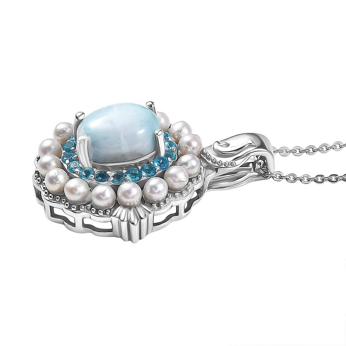 D'Joy Larimar, Fresh Water Pearl & Neon Apatite Pendant with Chain (Size 20) in Rhodium Overlay Sterling Silver 4.20 Ct.