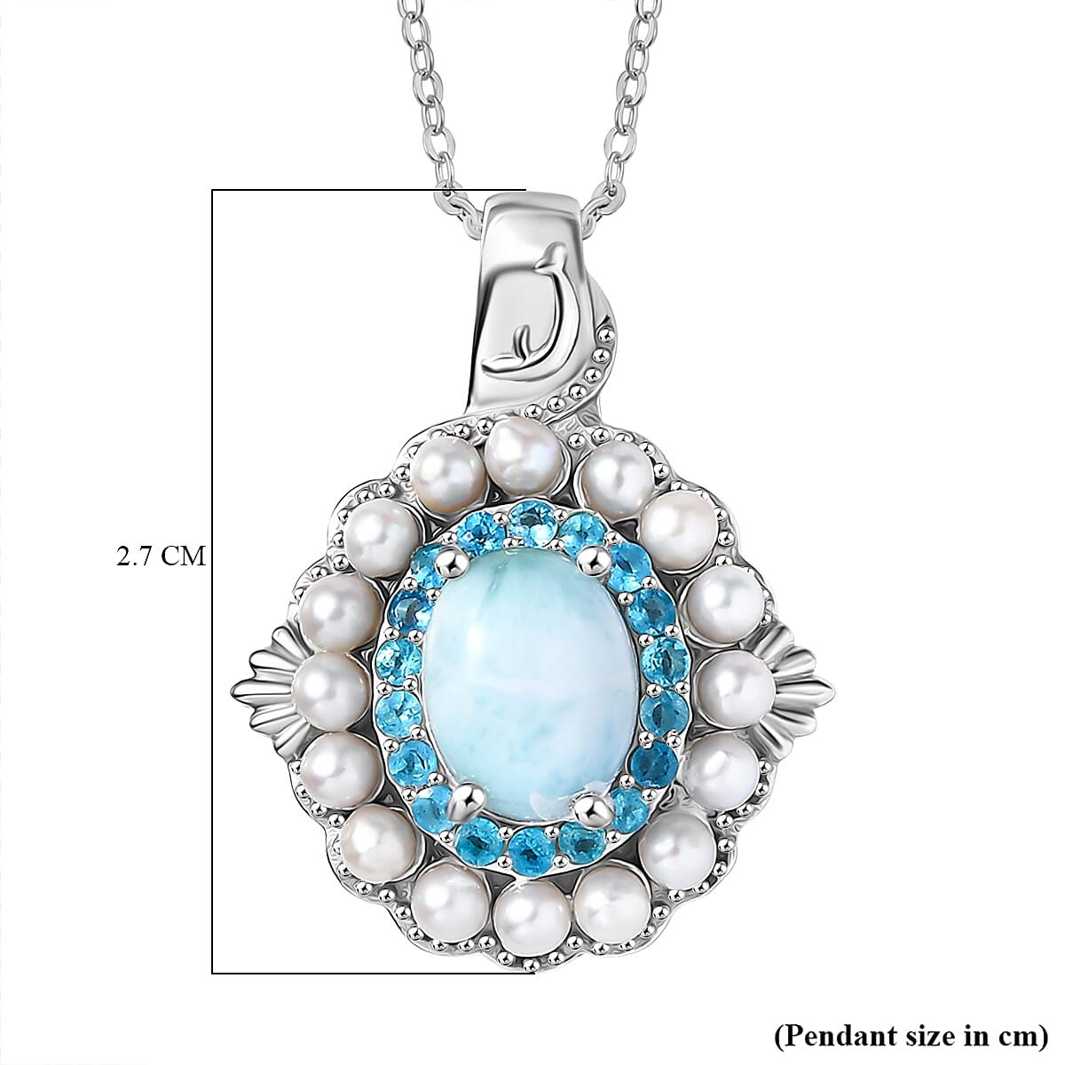 D'Joy Larimar, Fresh Water Pearl & Neon Apatite Pendant with Chain (Size 20) in Rhodium Overlay Sterling Silver 4.20 Ct.