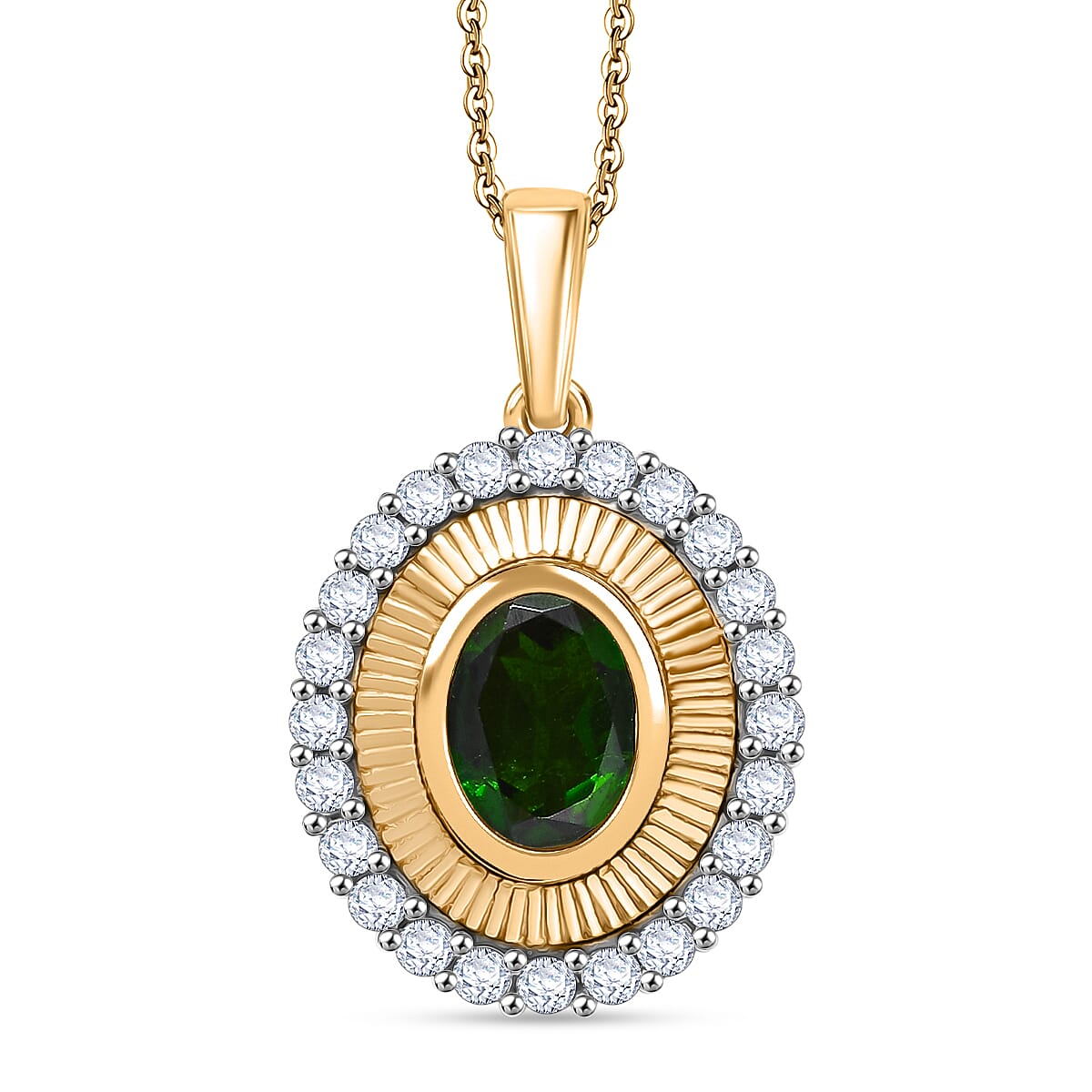 D'Joy Natural Chrome Diopside & White Zircon Pendant with Chain (Size 20) in 18K Vermeil Yellow Gold Plated Sterling Silver 2.03 Ct.