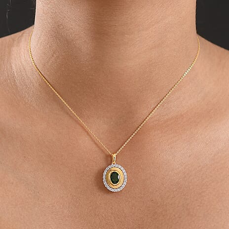 D'Joy Natural Chrome Diopside & White Zircon Pendant with Chain (Size 20) in 18K Vermeil Yellow Gold Plated Sterling Silver 2.03 Ct.
