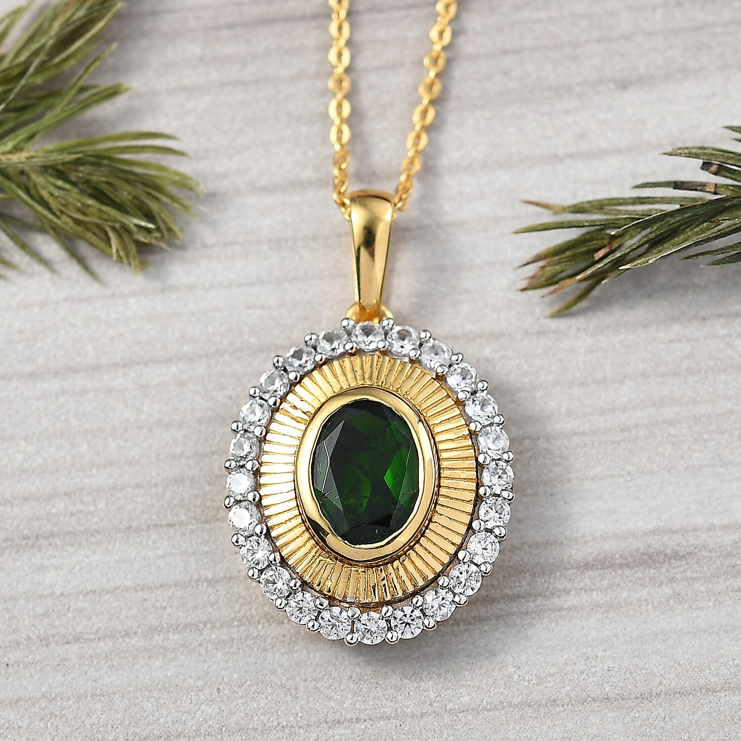 D'Joy Natural Chrome Diopside & White Zircon Pendant with Chain (Size 20) in 18K Vermeil Yellow Gold Plated Sterling Silver 2.03 Ct.