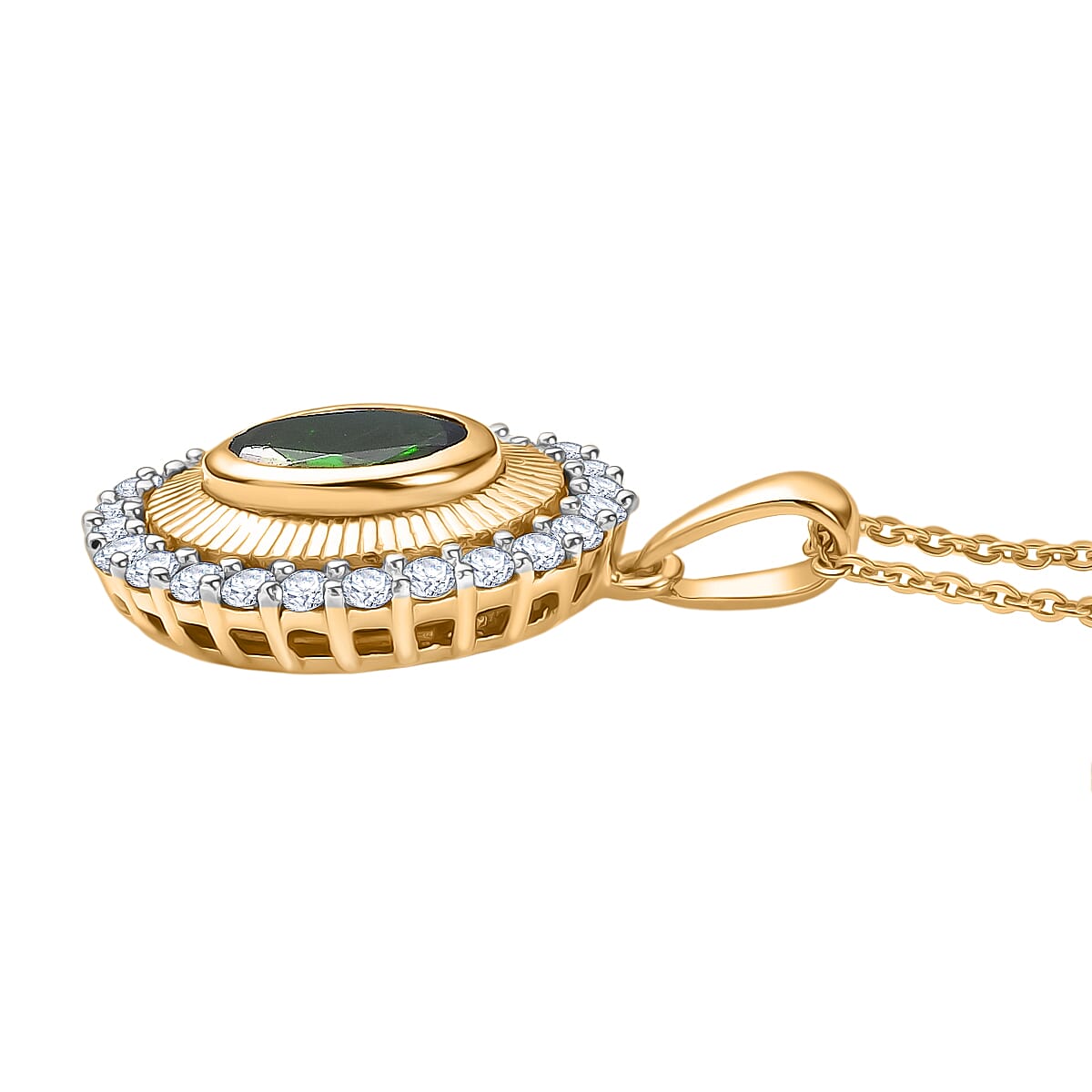 D'Joy Natural Chrome Diopside & White Zircon Pendant with Chain (Size 20) in 18K Vermeil Yellow Gold Plated Sterling Silver 2.03 Ct.