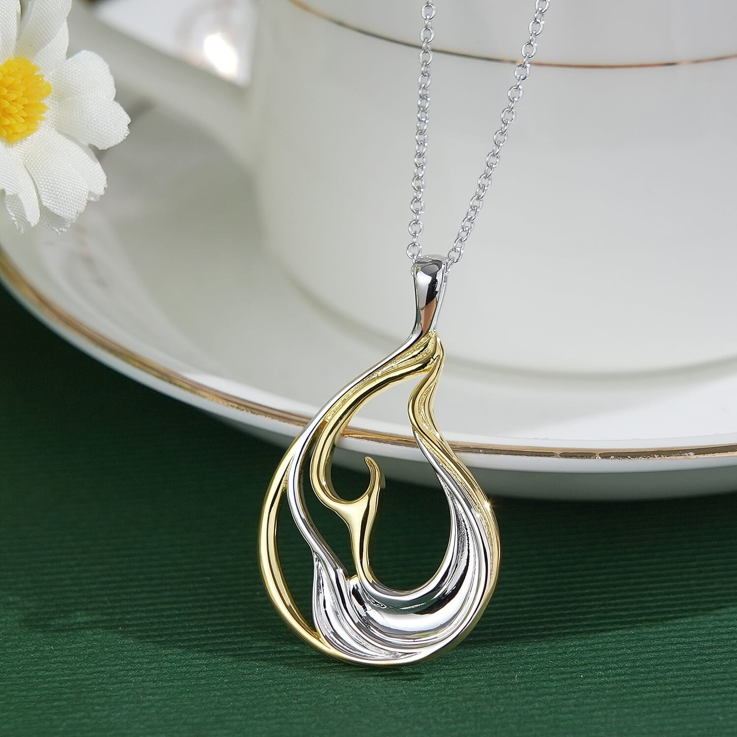 Lucy Q-Flame Collection Sculptural Pendant with Chain (Size 18-24-28) in Two Tone Plated Sterling Silver, Silver Wt. 8.50 Gms.