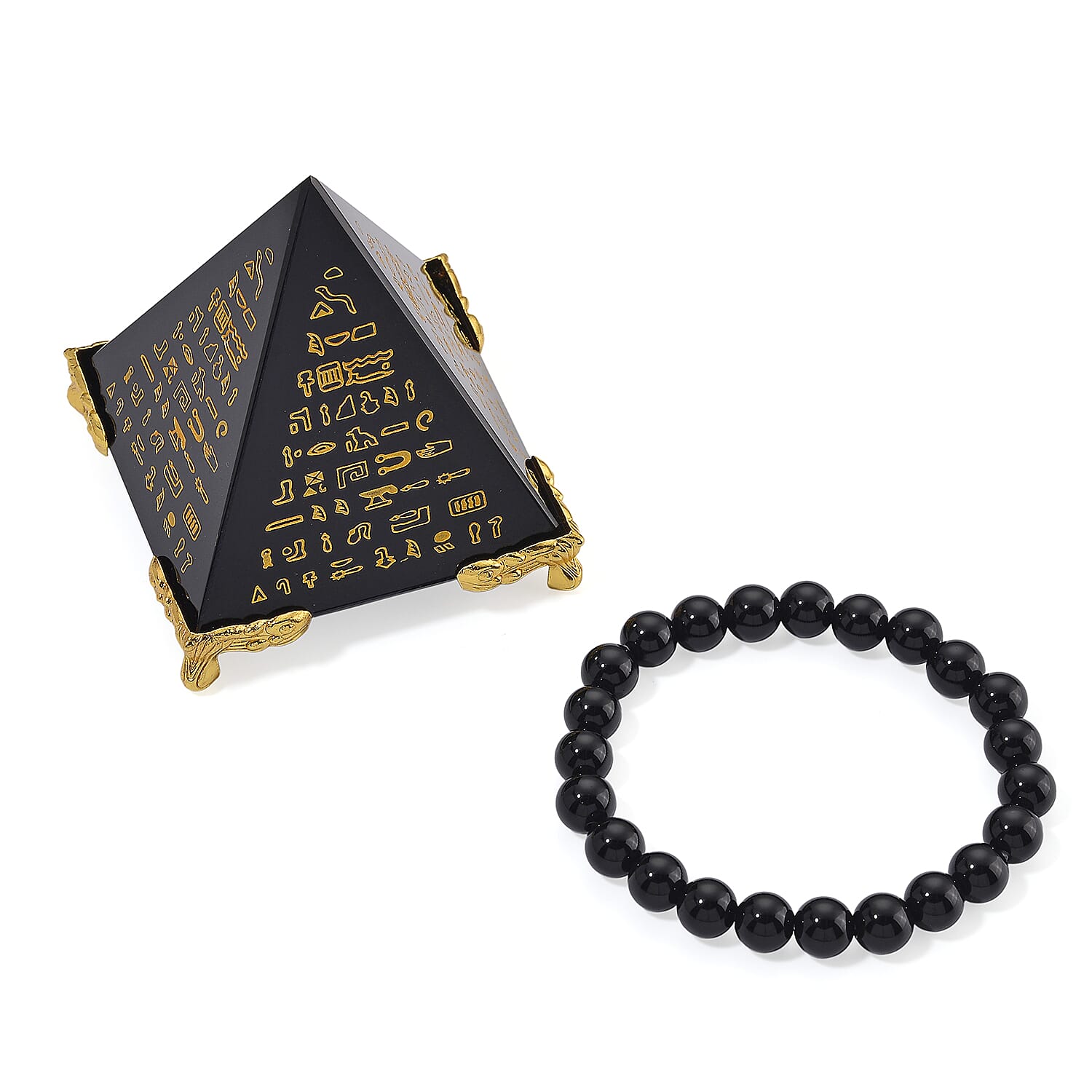Hand Carved Black Obsidian Pyramid With Black Obsidian Bracelet (Size Strechable)