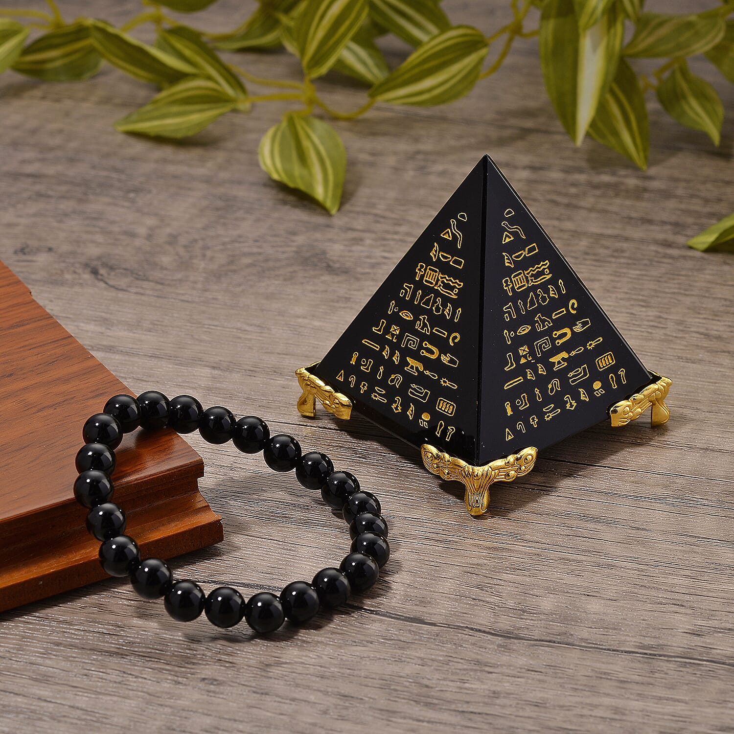 Hand Carved Black Obsidian Pyramid With Black Obsidian Bracelet (Size Strechable)
