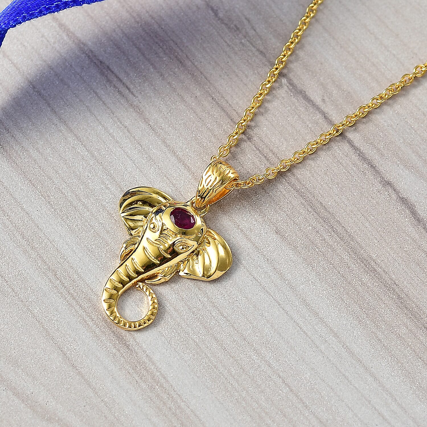 African Ruby Elephant Head Pendant with Chain (Size 20)
